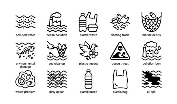 Environmental icons: ocean pollution and plastic waste impact