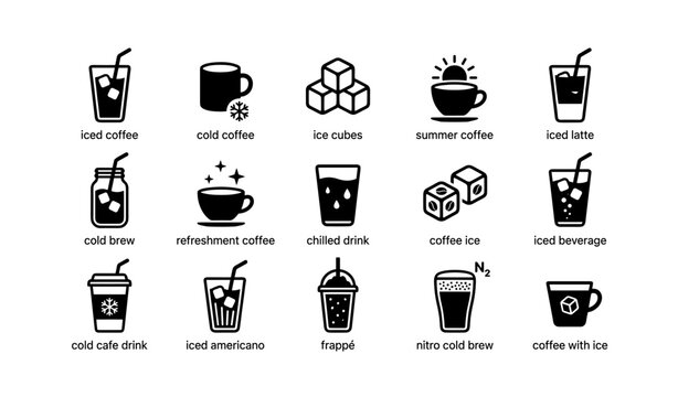 Icons of iced coffee, cold brew, frapp&eacute;, and refreshing beverages