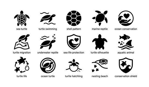 Ocean conservation icons featuring turtles and marine life