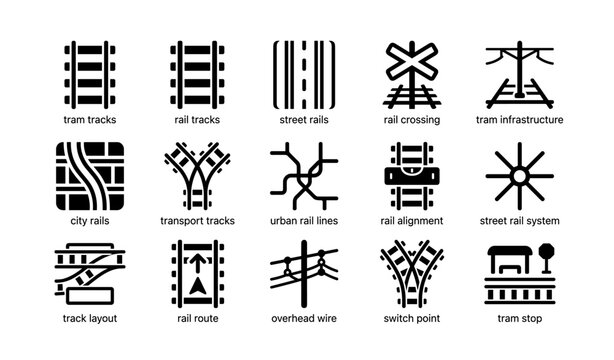 Icon set depicting various types of rail and tram infrastructure elements