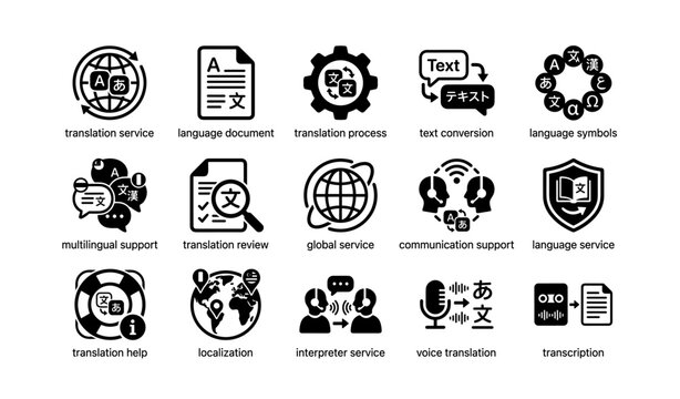 Language translation icons set featuring global communication and multilingual support