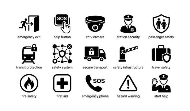 Safety and protection icons: emergency, security, and assistance symbols