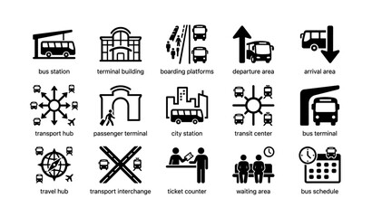 Fototapeta premium Public transport infrastructure icons: bus station, terminal, boarding platforms, transit center