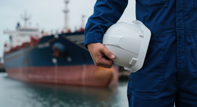 Worker holding helmet near industrial port with large cargo ship docked