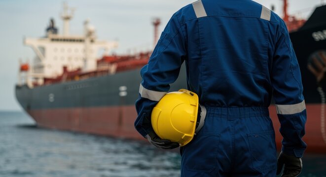 Worker holding yellow helmet near cargo ship in port harbor industrial zone