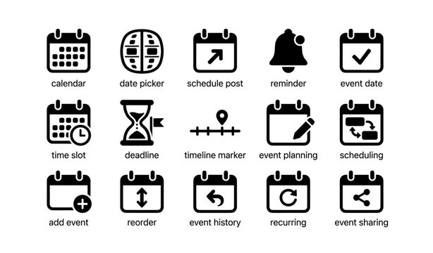 Event management icons: calendar, schedule, reminder, planning, timeline