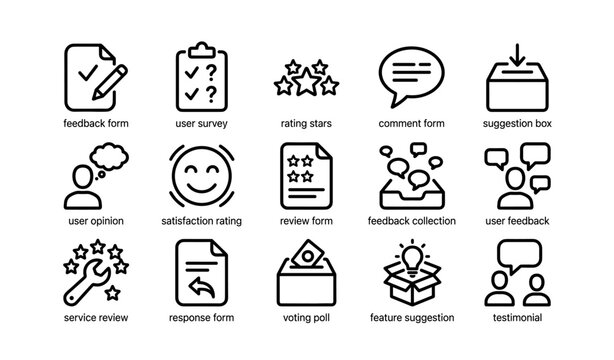 Feedback and survey icons collection: forms, ratings, suggestions, and comments