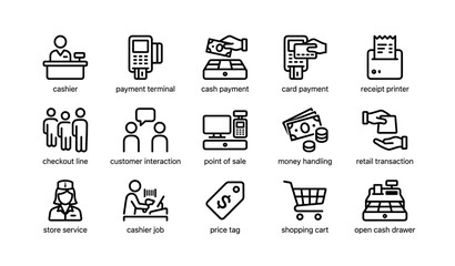 Fototapeta premium Cashier icons: payment terminal, card & cash transactions, receipt printing