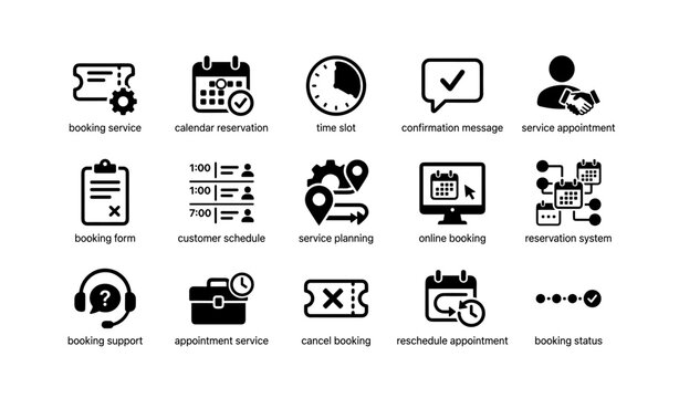 Scheduling and booking icons for service management and online appointments