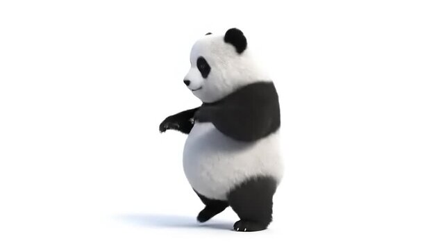 Adorable fluffy panda character playfully standing and walking on hind legs, showcasing its charming and cute personality against a clean white background