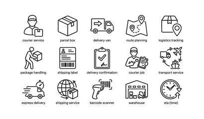 Fototapeta premium Courier and logistics icons: delivery services, route planning, package handling