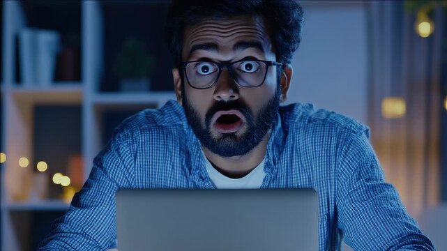 Male expressing shock or realization while using a laptop.