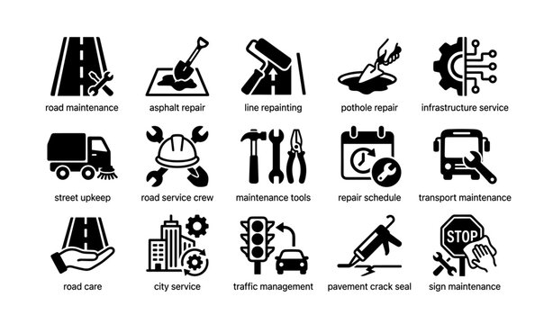 Essential road maintenance icons: asphalt repair, line repainting, pothole and infrastructure services