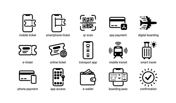 Digital travel icons: mobile ticket, qr scan, app payment, e-ticket, transit