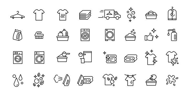 Laundry service thin vector set. Housework outline template. Washing, ironing, cleaning, drying clothes and folding clothes. Editable vector stock.