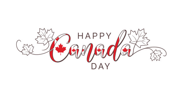 Happy Canada Day lettering with red maple leaves on white background.