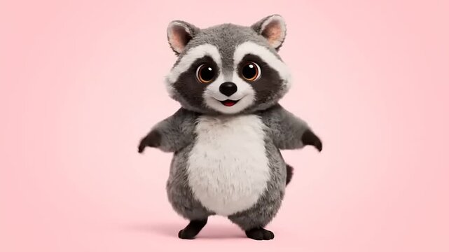 Adorable 3D animated raccoon character standing cutely on a vibrant pink background, showcasing its fluffy texture and charming expression, perfect for children's content or playful designs