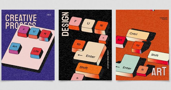 Keyboard poster set. Moving abstract covers with colorful 3D keycaps or keyboard buttons. Creative banners with typography for social media. Isometric human made animated cartoon