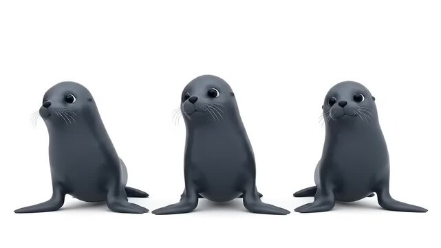 A charming trio of identical young gray seals stands upright, showcasing adorable marine wildlife elegance against a crisp, clean white background, perfect for themes of nature and conservation