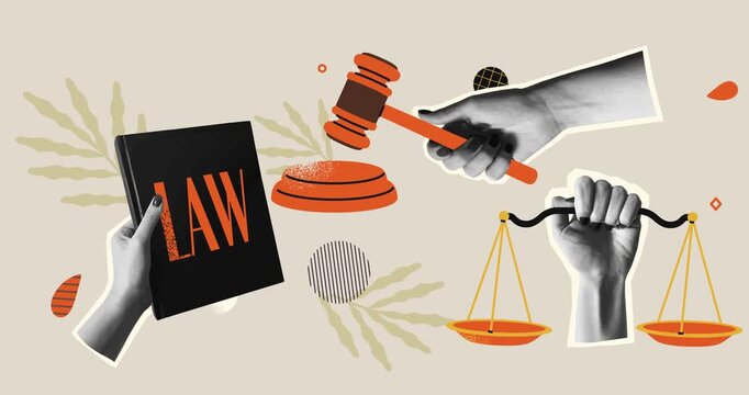 Trendy halftone collage. Moving Banner with realistic textured hands holding book of laws, judge gavel and scales of justice. Legislation, jurisprudence and rules. Flat human made animated cartoon