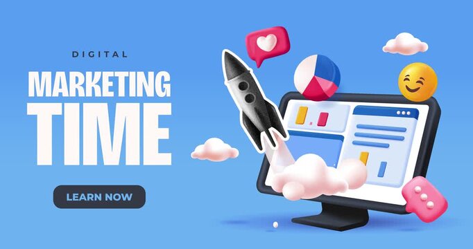 Digital Marketing concept. Moving banner or website layout with computer, emoji, charts, and diagrams. E commerce, online advertising, and internet promotion. 3D human made animated cartoon