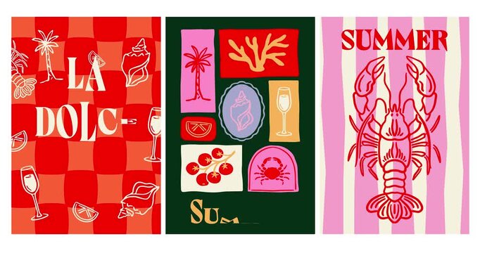 Set of bright summer posters. Motion flyers with coastal motifs, bold typography, and hand drawn elements. Covers with palm trees, corals and shells. Flat human made animated cartoon