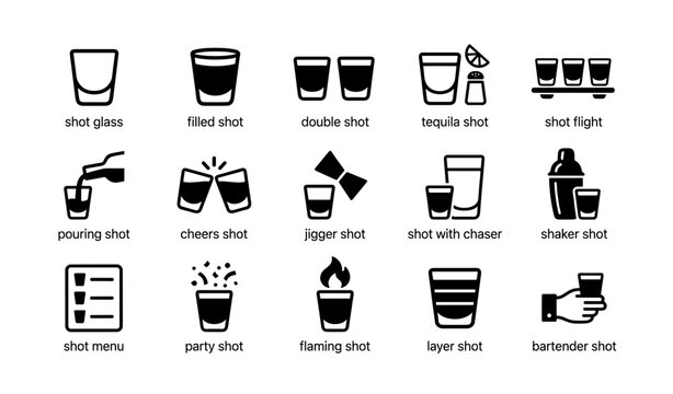 Variety of shot glass icons: double, tequila, flaming, layer, party, and more