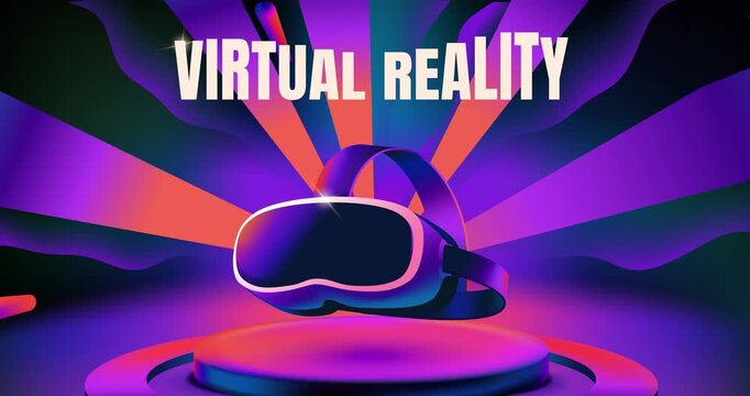 Virtual reality. Moving banner with virtual reality glasses broadcasting cyberspace metaverse in gradient futuristic style. Modern high tech device. Flat human made animated cartoon