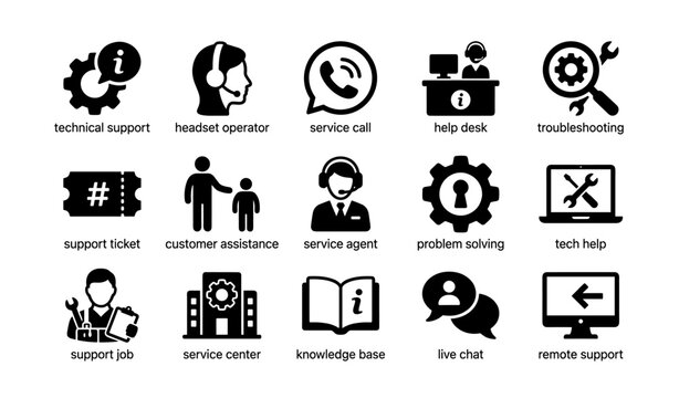 Technical support icons: help desk, customer service, troubleshooting, assistance