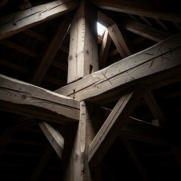 Historic Timber Frame with King Post and Carpenters Marks in Dramatic Light.