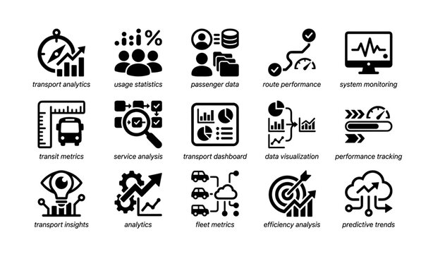 Transport analytics and usage statistics icons for data visualization and performance tracking