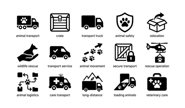 Animal transport icons: trucks, safety, rescue, veterinary, logistics