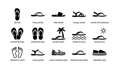 Fototapeta premium Variety of sandals and footprints in sand icon set