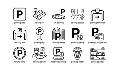 Fototapeta premium Icon set of parking symbols including lot, spaces, entrance, exit, and management