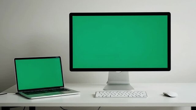 Modern desk setup with a laptop and a large desktop monitor, both with green screens