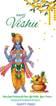 Happy vishu greeting card with lord vishnu and traditional vishukkani