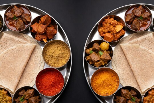 Assortment of African Dishes Served with Injera Bread on Platters