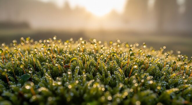 Dew covered moss illuminated sunlight