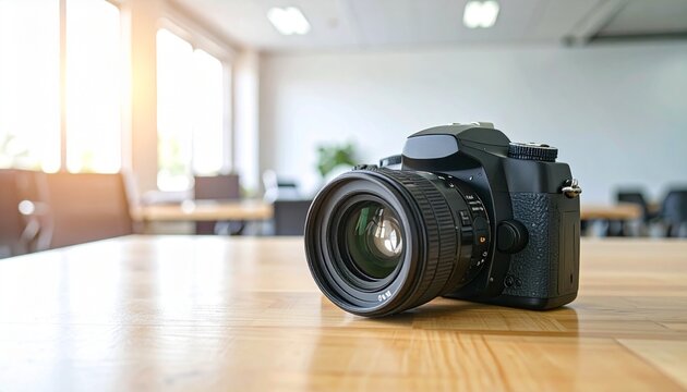 Close up of digital single lens reflex camera with lens on light wooden table indoors with blurred office background and natural lighting