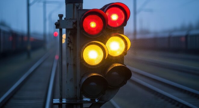 Railway signal lights glowing red and yellow in foggy conditions