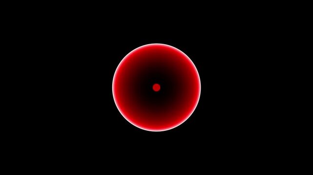 A single red circular shape with a bright white outer glow and a tiny red dot at its center set against a stark black background representing a simple abstract form or a stylized celestial body