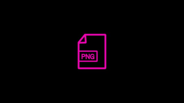 A minimalist bright pink outline representing a document with the letters PNG clearly visible within a rectangular box on its surface, set against a solid black background, indicating a file format