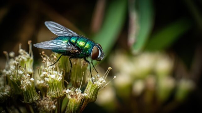 Iridescent green blowfly with metallic thorax lands on wilting flower bud in close-up nature