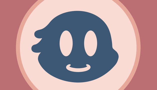 A cute, smiling cartoon character's face, rendered as a dark blue silhouette within a soft pink oval.