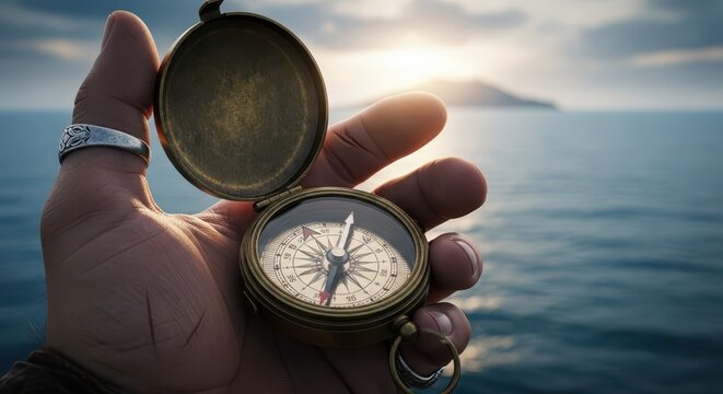 Hand holds a vintage brass compass overlooking a calm sea at sunset.