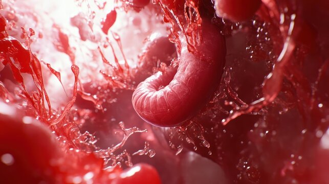 Detailed abstract rendering depicting a biological structure with red fluids swirling around it