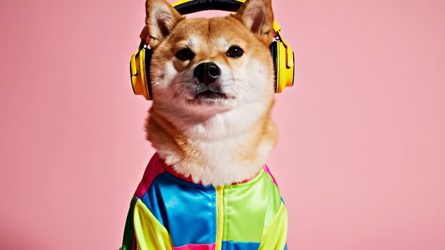 Colorful dog shiba inu wearing retro jacket and yellow headphone on pink background, cute portrait of happy pet animal and music lover in vibrant neon style playful pose