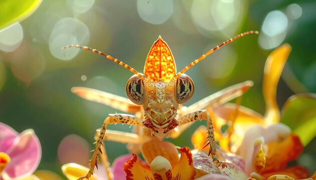 Close-up of a Praying Mantis on a Flower with Bokeh Background.