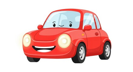 Fototapeta premium Red smiling car character is depicted in a cheerful cartoon style.