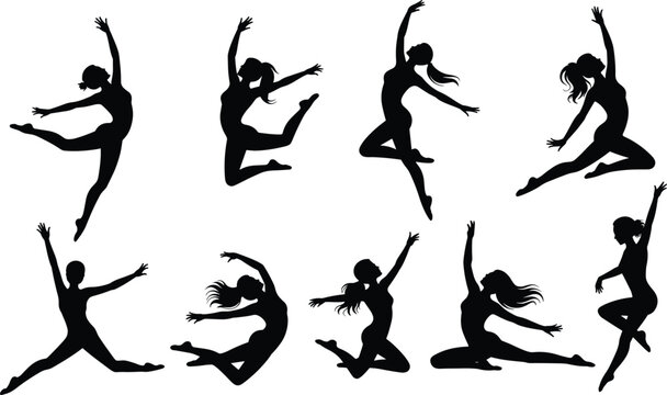 Female dancer silhouettes collection, graceful ballet and contemporary dance poses isolated on white background, artistic movement vector illustration set